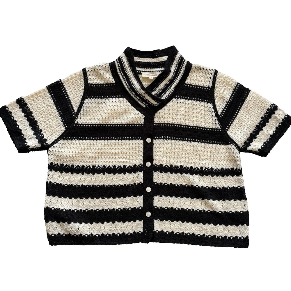 Solitaire Sweater Top Striped‎ Knit Crochet Black Cream Short Sleeve Womens S